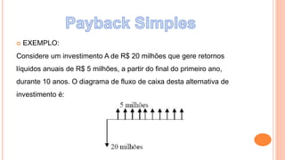  EXEMPLO:
Considere um investimento A de R$ 20 milhões que gere retornos
líquidos anuais de R$ 5 milhões, a partir do final do primeiro ano,
durante 10 anos. O diagrama de fluxo de caixa desta alternativa de
investimento é:
 
