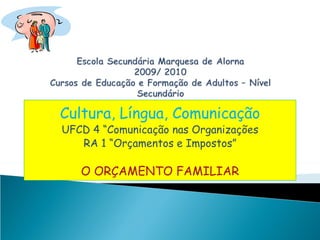 Cultura, Língua, Comunicação UFCD 4 “Comunicação nas Organizações RA 1 “Orçamentos e Impostos” O ORÇAMENTO FAMILIAR 