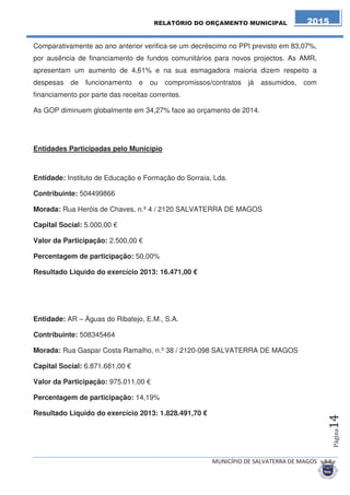 Designam-se por receitas de capital, as receitas arrecadadas pela autarquia que alteram o seu 
património duradouro, porque aumentam o activo e passivo de médio e longo prazo ou reduzem o 
património duradouro da autarquia. 
Por sua vez, as receitas de capital, são constituídas por: 
• Venda de Bens de Investimento, 
• Transferências de Capital; 
• Activos Financeiros; e 
• Passivos Financeiros (empréstimos médio e longo prazos). 
Na estrutura da Receita de Capital destaca-se o peso das Transferências de Capital, 
habitualmente e, maioritariamente, provenientes de fundos comunitários para projectos 
co-financiados. No corrente ano, as receitas do FEDER são muito reduzidas e dizem 
apenas respeito ao encerramento das candidaturas das obras do Centro Escolar de 
Marinhais, Rossio de Muge, Mobilidade Territorial (pavimentações) e qualquer outro 
pequeno acerto, na apresentação dos relatórios finais. 
,)#(!#( . $!#( 
4 
,)#(!#(  %. $!#( 
4 
5(,6*!( #6!$( 
)%* ..( 
'4 
%. ,%!#(.)$#)$ .. 
'4 
%..1%(. 
 %0(! ,%!# 
	6!$($ !(#$$%!( 
4 
'%..1%(($0 +#( 
#$$%!( 
'4 
$%(7$8% (#$$%!( 
4 
4 
)#( +9#%9#1! .( %#( 
):,%!#( 
4 
 