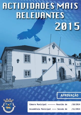 Projeto 
(valores em euros) 
Fonte Financiamento 
(%) 
Datas 
(Mês/Ano) 
Despesas 
Código Anos seguintes 
Classificação 
Orçamental 
Município de Salvaterra de Magos 
Obj. Designação 
Grandes Opções do Plano do ano 2015 
Prog. 
Ano / Nº Ação 
Forma 
de 
Realiz. 
Fases 
de 
Exec. 
AC AA FC 
Resp. 
Inicio Fim 
Financiam. 
não definido 
(d) 
2016 
(e) 
2017 
(f) 
2018 
(g) 
Outros 
(h) 
Realizado 
(a) 
Total 
(b)=(c)+(d) 
Total previsto 
(i) = (a)+(b)+ 
(e)+(f)+(g)+(h) 
2015 
Financiam. 
definido 
(c) 
33 TRANSPORTES E COMUNICAÇÕES 
33 331 TRANSPORTES RODOVIÁRIOS 
33 331 2015/505811 Plano para a mobilidade e de educação e prevenção 02 020214 O DMO 01/2015 12/2015 0 1.000 1.000 
1.000 
rodoviária 
Totais do Programa 331: 9.963 884.110 148.110 736.000 1.210.090 647.920 15.275 72.050 2.839.408 
Totais do Objetivo 33: 9.963 884.110 148.110 736.000 1.210.090 647.920 15.275 72.050 2.839.408 
34 COMÉRCIO E TURISMO 
34 341 MERCADOS E FEIRAS 
34 341 2008/49 Projecto de Adaptação do Celeiro da EPAC a 02 07010303 O DMO 01/2008 12/2017 4 2.905 2.905 
2.905 
Mercado Municipal 
34 341 2015/26 Aquisição de equipamento 02 07011002 O DMO 01/2015 12/2015 0 1.000 1.000 1.000 
34 341 Conservação, reparação e manut. de Mercados e 
Feiras Municipais 
2015/5061 
34 341 2015/50611 Aquisição de bens 02 020121 O DMO 01/2015 12/2015 0 1.000 1.000 1.000 
34 341 2015/50612 Conservação 02 020203 O DMO 01/2015 12/2015 0 2.500 2.500 2.500 
34 341 2015/50613 Beneficiação do piso do Mercado Diário de 02 020203 O DMO 01/2015 12/2015 0 15.000 15.000 
15.000 
Salvaterra de Magos 
34 341 2015/5062 Praça com Vida 
34 341 2015/50621 Aquisição de serviços 02 02022503 O DMAC 01/2015 12/2015 0 2.500 2.500 2.500 
Totais do Programa 341: 24.905 24.905 24.905 
34 342 TURISMO 
34 342 Adaptação do edifício da Escola do Escaroupim a 
Museu 
2014/48 
34 342 2014/48 1 Execução da obra 02 07010307 E DMO 01/2014 12/2017 0 153.500 15.000 138.500 5.000 158.500 
34 342 2014/48 2 Exposição temática 02 070115 O DMAC 01/2014 12/2017 0 3.000 3.000 2.000 5.000 
34 342 2014/48 3 Mobiliário 02 070109 O DMAC 01/2014 12/2017 0 1.000 1.000 1.000 2.000 
34 342 2014/48 4 Equipamento informático 02 070107 O DMAC 01/2014 12/2017 0 1.000 1.000 1.000 2.000 
34 342 2014/48 5 Aquisição de barcos tipícos 02 070115 O DMAC 01/2014 12/2017 0 1.538 1.500 1.500 1.500 4.538 
34 342 2014/49 Aquisição e recuperação de Casas Avieiras 02 07010307 O DMO 01/2014 12/2016 0 12.500 12.500 2.500 15.000 
34 342 Criação do Museu do Concelho no Centro de 
Interpretação do Cais da Vala 
2014/50 
34 342 2014/50 1 Aquisição de artigos e objectos de valor 02 070112 O DMAC 01/2014 12/2016 0 2.500 2.500 2.500 5.000 
34 342 2014/50 2 Exposição temática 02 070115 O DMAC 01/2014 12/2016 0 250 10.000 2.500 7.500 15.000 25.250 
34 342 2014/5051 Falcoaria Real 
Emitido em: 24-10-2014 11:22:00 José Gabriel Almeida Marques Pág. 14/18 
 