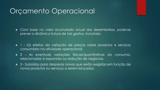 Orçamento Operacional
 Com base no valor acumulado anual dos desembolsos, pode-se
prever a dinâmica futura de tais gastos, incluindo:
 1 - Os efeitos da variação de preços sobre produtos e serviços
consumidos na atividade operacional.
 2 - As eventuais variações físicas/quantitativas do consumo,
relacionadas à expansão ou redução de negócios.
 3 - Subsídios para despesas novas que serão exigidas em função de
novos produtos ou serviços a serem lançados.
 