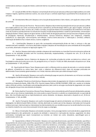 colaboradores eventuais;locação deimóveis;salário deinternos nas penitenciárias;eoutras despesas pagasdiretamenteà pessoa
física.
37 - Locação de Mão-de-Obra:Despesas comprestação deserviços por pessoasjurídicaspara órgãospúblicos,taiscomo
limpeza e higiene, vigilância ostensiva e outros, nos casos em que o contrato especifique o quantitativo físico do pessoal a ser
utilizado.
38 - Arrendamento Mercantil:Despesas com a locação deequipamentos e bens móveis, com opção de compra ao final
do contrato.
39 - Outros Serviços de Terceiros - Pessoa Jurídica:Despesas decorrentes da prestação deserviços por pessoas jurídicas
para órgãos públicos, tais como: assinaturas de jornais e periódicos; tarifas de energia elétrica, gás, água e esgoto; serviços de
comunicação (telefone, telex, correios,etc.); fretes e carretos; locação deimóveis (inclusivedespesas decondomínio e tributos à
conta do locatário,quando previstos no contrato de locação);locação deequipamentos e materiais permanentes; conservação e
adaptação debens imóveis;seguros em geral (exceto os decorrentes de obrigação patronal);serviços deasseio ehigiene;serviços
de divulgação, impressão, encadernação e emolduramento; serviços funerários; despesas com congressos, simpósios,
conferências ou exposições; vale-transporte; vale-refeição; auxílio-creche (exclusive a indenização a servidor); software;
habilitação de telefonia fixa e móvel celular; e outros congêneres
41 – Contribuições: Despesas às quais não corresponda contraprestação direta em bens e serviços e não seja
reembolsável pelo recebedor, inclusiveas destinadasa atender a despesas de manutenção de outras entidades de di reito público
ou privado, observado o disposto na legislação vigente. (1-A)
42 – Auxílios:Despesas destinadasa atender a despesas deinvestimentos ou inversões financeirasdeoutras esferas de
governo ou de entidades privadas sem fins lucrativos, observado, respectivamente, o disposto nos arts. 25 e 26 da Lei
Complementar no 101, de 2000.
43 - Subvenções Sociais: Cobertura de despesas de instituições privadas de caráter assistencial ou cultural, sem
finalidadelucrativa,de acordo com os arts.16, parágrafo único,e 17 da Lei no 4.320, de 1964,observado o disposto no art. 26 da
Lei Complementar no 101, de 2000.
45 - Equalização de Preços e Taxas:Despesas para cobrir a diferença entre os preços de mercado e o custo de remissão
de gêneros alimentícios ou outros bens, bem como a cobertura do diferencial entre níveis de encargos praticados em
determinados financiamentos governamentais e os limites máximos admissíveis para efeito de equalização.
46 - Auxílio-Alimentação: Despesas com auxílio-alimentação pago em pecúnia diretamente aos militares e servidores
ou empregados da Administração Pública direta e indireta.
47 - Obrigações Tributárias eContributivas:Despesas decorrentes do pagamento de tributos e contribuições sociaise
econômicas (Imposto de Renda, ICMS, IPVA, IPTU, Taxa de Limpeza Pública,COFINS,PIS/PASEP, CPMF, etc.), exceto as incidentes
sobre a folha de salários,classificadas como obrigações patronais,bem como os encargos resultantes do pagamento com atraso
das obrigações de que trata este elemento de despesa.
48 - Outros Auxílios Financeirosa PessoasFísicas:Despesas coma concessão deauxílio financeiro diretamentea pessoas
físicas, sob as mais diversas modalidades, tais como ajuda ou apoio financeiro e subsídio ou complementa ção na aquisição de
bens, não classificados explicita ou implicitamente em outros elementos de despesa, observado o disposto no art. 26 da Lei
Complementar no 101, de 2000.
49 - Auxílio-Transporte: Despesas com auxílio-transporte pago em pecúnia diretamente aos militares, servidores ou
empregados da Administração Pública direta e indireta, destinado ao custeio parcial das despesas realizadas com transporte
coletivo municipal,intermunicipal ou interestadual nos deslocamentos de suas residênciasparaos loc aisdetrabalho evice-versa,
ou trabalho-trabalho nos casos de acumulação lícita de cargos ou empregos.
51 - Obras eInstalações:Despesas comestudos eprojetos; início,prosseguimento e conclusão deobras;pagamento de
pessoal temporário não pertencente ao quadro da entidade e necessário à realização das mesmas; pagamento de obras
contratadas; instalações que sejam incorporáveis ou inerentes ao imóvel, tais como: elevadores, aparelhagem para ar
condicionado central, etc.
52 - Equipamentos e Material Permanente: Despesas com aquisição deaeronaves; aparelhos demedição; aparelhos e
equipamentos de comunicação;aparelhos,equipamentos e utensílios médico, odontológico, laboratorial ehospitalar;aparelhos
e equipamentos para esporte e diversões; aparelhos e utensílios domésticos; armamentos; coleções e materiais bibliográficos;
embarcações, equipamentos de manobra e patrulhamento; equipamentos de proteção, segurança, socorro e sobrevivência;
instrumentos musicaiseartísticos;máquinas,aparelhoseequipamentos de uso industrial;máquinas,aparelhos eequipamentos
gráficos e equipamentos diversos; máquinas, aparelhos e utensílios de escritório; máquinas, ferramentas e utensílios de oficina;
 
