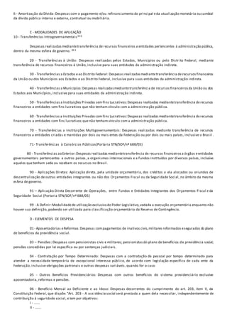 6 - Amortização da Dívida: Despesas com o pagamento e/ou refinanciamento do principal eda atualização monetária ou cambial
da dívida pública interna e externa, contratual ou mobiliária.
C - MODALIDADES DE APLICAÇÃO
10 - Transferências Intragovernamentais (8-I)
Despesas realizadasmediantetransferência de recursos financeiros a entidades pertencentes à administração pública,
dentro da mesma esfera de governo. (8-I)
20 - Transferências à União: Despesas realizadas pelos Estados, Municípios ou pelo Distri to Federal, mediante
transferência de recursos financeiros à União, inclusive para suas entidades da administração indireta.
30 - Transferências a Estados eao Distrito Federal: Despesas realizadasmediantetransferência de recursos financeiros
da União ou dos Municípios aos Estados e ao Distrito Federal, inclusive para suas entidades da administração indireta.
40 - Transferências a Municípios:Despesas realizadasmediantetransferência de recursos financeirosda União ou dos
Estados aos Municípios, inclusive para suas entidades da administração indireta.
50 - Transferências a Instituições Privadas semFins Lucrativos:Despesas realizadas mediantetransferência derecursos
financeiros a entidades sem fins lucrativos que não tenham vínculo com a administra ção pública.
60 - Transferências a Instituições PrivadascomFins Lucrativos:Despesas realizadasmediantetransferência derecursos
financeiros a entidades com fins lucrativos que não tenham vínculo com a administração pública.
70 - Transferências a Instituições Multigovernamentais: Despesas realizadas mediante transferência de recursos
financeiros a entidades criadas e mantidas por dois ou mais entes da Federação ou por dois ou mais países, inclusive o Brasil .
71- Transferências à Consórcios Públicos(Portaria STN/SOF/nº 688/05)
80 - Transferências ao Exterior:Despesas realizadasmediantetransferência de recursos financeirosa órgãos eentidades
governamentais pertencentes a outros países, a organismos internacionais e a fundos instituídos por diversos países, inclusive
aqueles que tenham sede ou recebam os recursos no Brasil.
90 - Aplicações Diretas: Aplicação direta, pela unidade orçamentária, dos créditos a ela alocados ou oriundos de
descentralização de outras entidades integrantes ou não dos Orçamentos Fiscal ou da Seguridade Social, no âmbito da mesma
esfera de governo.
91 – Aplicação Direta Decorrente de Operações, entre Fundos e Entidades Integrantes dos Orçamentos Fiscal e da
Seguridade Social (Portaria STN/SOF/nº 688/05)
99 - A Definir:Modalidadede utilização exclusivado Poder Legislativo,vedada a execução orçamentária enquanto não
houver sua definição, podendo ser utilizada para classificação orçamentária da Reserva de Contingência.
D - ELEMENTOS DE DESPESA
01 - Aposentadorias eReformas:Despesas compagamentos de inativos civis,militares reformados esegurados do plano
de benefícios da previdência social.
03 – Pensões: Despesas com pensionistas civis e militares; pensionistas do plano de benefícios da previdência social;
pensões concedidas por lei específica ou por sentenças judiciais.
04 - Contratação por Tempo Determinado: Despesas com a contratação de pessoal por tempo determinado para
atender a necessidade temporária de excepcional interesse públ ico, de acordo com legislação específica de cada ente da
Federação, inclusive obrigações patronais e outras despesas variáveis, quando for o caso
05 - Outros Benefícios Previdenciários: Despesas com outros benefícios do sistema previdenciário exclusive
aposentadoria, reformas e pensões.
06 - Benefício Mensal ao Deficiente e ao Idoso: Despesas decorrentes do cumprimento do art. 203, item V, da
Constituição Federal, que dispõe: "Art. 203 - A assistência social será prestada a quem dela necessitar, independentemente de
contribuição à seguridade social, e tem por objetivos:
I - .......
II - .......
 