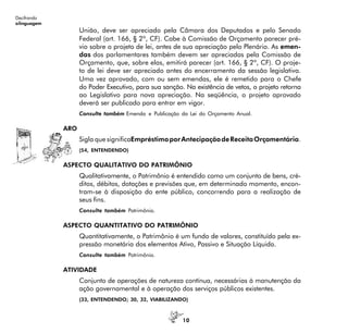 10
Decifrando
alinguagem
União, deve ser apreciado pela Câmara dos Deputados e pelo Senado
Federal (art. 166, § 2º, CF). Cabe à Comissão de Orçamento parecer pré-
vio sobre o projeto de lei, antes de sua apreciação pelo Plenário. As emen-
das dos parlamentares também devem ser apreciadas pela Comissão de
Orçamento, que, sobre elas, emitirá parecer (art. 166, § 2º, CF). O proje-
to de lei deve ser apreciado antes do encerramento da sessão legislativa.
Uma vez aprovado, com ou sem emendas, ele é remetido para o Chefe
do Poder Executivo, para sua sanção. Na existência de vetos, o projeto retorna
ao Legislativo para nova apreciação. Na seqüência, o projeto aprovado
deverá ser publicado para entrar em vigor.
Consulte também Emenda e Publicação da Lei do Orçamento Anual.
ARO
Sigla que significaEmpréstimoporAntecipaçãodeReceitaOrçamentária.
(54, ENTENDENDO)
ASPECTO QUALITATIVO DO PATRIMÔNIO
Qualitativamente, o Patrimônio é entendido como um conjunto de bens, cré-
ditos, débitos, dotações e previsões que, em determinado momento, encon-
tram-se à disposição do ente público, concorrendo para a realização de
seus fins.
Consulte também Patrimônio.
ASPECTO QUANTITATIVO DO PATRIMÔNIO
Quantitativamente, o Patrimônio é um fundo de valores, constituído pela ex-
pressão monetária dos elementos Ativo, Passivo e Situação Líquida.
Consulte também Patrimônio.
ATIVIDADE
Conjunto de operações de natureza contínua, necessárias à manutenção da
ação governamental e à operação dos serviços públicos existentes.
(33, ENTENDENDO; 30, 32, VIABILIZANDO)
 