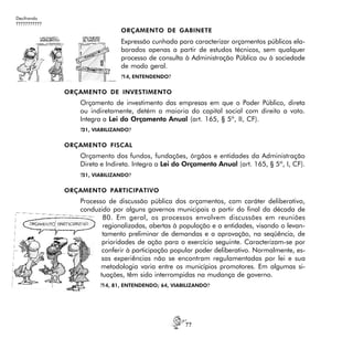 ??
Decifrando
???????????
ORÇAMENTO DE GABINETE
Expressão cunhada para caracterizar orçamentos públicos ela-
borados apenas a partir de estudos técnicos, sem qualquer
processo de consulta à Administração Pública ou à sociedade
de modo geral.
?14, ENTENDENDO?
ORÇAMENTO DE INVESTIMENTO
Orçamento de investimento das empresas em que o Poder Público, direta
ou indiretamente, detém a maioria do capital social com direito a voto.
Integra a Lei do Orçamento Anual (art. 165, § 5º, II, CF).
?31, VIABILIZANDO?
ORÇAMENTO FISCAL
Orçamento dos fundos, fundações, órgãos e entidades da Administração
Direta e Indireta. Integra a Lei do Orçamento Anual (art. 165, § 5º, I, CF).
?31, VIABILIZANDO?
ORÇAMENTO PARTICIPATIVO
Processo de discussão pública dos orçamentos, com caráter deliberativo,
conduzido por alguns governos municipais a partir do final da década de
80. Em geral, os processos envolvem discussões em reuniões
regionalizadas, abertas à população e a entidades, visando o levan-
tamento preliminar de demandas e a aprovação, na seqüência, de
prioridades de ação para o exercício seguinte. Caracterizam-se por
conferir à participação popular poder deliberativo. Normalmente, es-
sas experiências não se encontram regulamentadas por lei e sua
metodologia varia entre os municípios promotores. Em algumas si-
tuações, têm sido interrompidas na mudança de governo.
?14, 81, ENTENDENDO; 64, VIABILIZANDO?
 