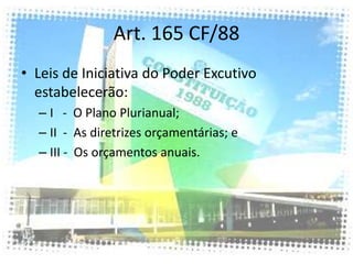Art. 165 CF/88
• Leis de Iniciativa do Poder Excutivo
  estabelecerão:
  – I - O Plano Plurianual;
  – II - As diretrizes orçamentárias; e
  – III - Os orçamentos anuais.
 