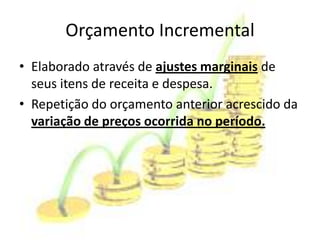 Orçamento Incremental
• Elaborado através de ajustes marginais de
  seus itens de receita e despesa.
• Repetição do orçamento anterior acrescido da
  variação de preços ocorrida no período.
 