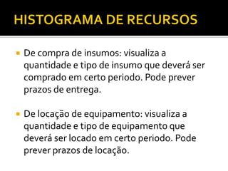  De compra de insumos: visualiza a
quantidade e tipo de insumo que deverá ser
comprado em certo periodo. Pode prever
prazos de entrega.
 De locação de equipamento: visualiza a
quantidade e tipo de equipamento que
deverá ser locado em certo periodo. Pode
prever prazos de locação.
 