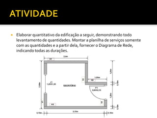  Elaborar quantitativo da edificação a seguir, demonstrando todo
levantamento de quantidades. Montar a planilha de serviços somente
com as quantidades e a partir dela, fornecer o Diagrama de Rede,
indicando todas as durações.
 
