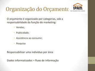 Organização do Orçamento
O orçamento é organizado por categorias, sob a
responsabilidade da função do marketing:
     • Vendas;

     • Publicidade;

     • Assistência ao consumir;

     • Pesquisa


Responsabilizar uma indivíduo por área

Dados informatizados = fluxo de informação
 