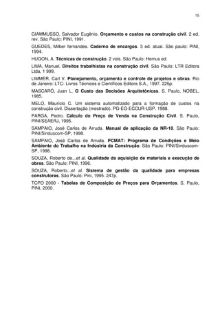 15
GIAMMUSSO, Salvador Eugênio. Orçamento e custos na construção civil. 2 ed.
rev. São Paulo: PINI, 1991.
GUEDES, Milber fernandes. Caderno de encargos. 3 ed. atual. São paulo: PINI,
1994.
HUGON, A. Técnicas de construção. 2 vols. São Paulo: Hemus ed.
LIMA, Manuel. Direitos trabalhistas na construção civil. São Paulo: LTR Editora
Ltda, 1 999.
LIMMER, Carl V. Planejamento, orçamento e controle de projetos e obras. Rio
de Janeiro: LTC- Livros Técnicos e Científicos Editora S.A., 1997. 225p.
MASCARÓ, Juan L. O Custo das Decisões Arquitetônicas. S. Paulo, NOBEL,
1985.
MELO, Maurício C. Um sistema automatizado para a formação de custos na
construção civil. Dissertação (mestrado). PG-EG-ECCUR-USP. 1988.
PARGA, Pedro. Cálculo do Preço de Venda na Construção Civil. S. Paulo,
PINI/SEAERJ, 1995.
SAMPAIO, José Carlos de Arruda. Manual de aplicação da NR-18. São Paulo:
PINI/Sinduscom-SP, 1998.
SAMPAIO, José Carlos de Arruda. PCMAT: Programa de Condições e Meio
Ambiente do Trabalho na Indústria da Construção. São Paulo: PINI/Sinduscom-
SP, 1998.
SOUZA, Roberto de...et al. Qualidade da aquisição de materiais e execução de
obras. São Paulo: PINI, 1996.
SOUZA, Roberto...et al. Sistema de gestão da qualidade para empresas
construtoras. São Paulo: Pini, 1995. 247p.
TCPO 2000 - Tabelas de Composição de Preços para Orçamentos. S. Paulo,
PINI, 2000.
 