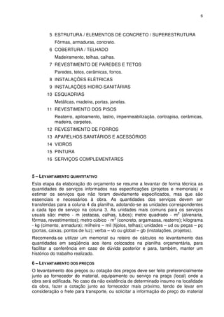6
5 ESTRUTURA / ELEMENTOS DE CONCRETO / SUPERESTRUTURA
Fôrmas, armaduras, concreto.
6 COBERTURA / TELHADO
Madeiramento, telhas, calhas.
7 REVESTIMENTO DE PAREDES E TETOS
Paredes, tetos, cerâmicas, forros.
8 INSTALAÇÕES ELÉTRICAS
9 INSTALAÇÕES HIDRO-SANITÁRIAS
10 ESQUADRIAS
Metálicas, madeira, portas, janelas.
11 REVESTIMENTO DOS PISOS
Reaterro, apiloamento, lastro, impermeabilização, contrapiso, cerâmicas,
madeira, carpetes.
12 REVESTIMENTO DE FORROS
13 APARELHOS SANITÁRIOS E ACESSÓRIOS
14 VIDROS
15 PINTURA
16 SERVIÇOS COMPLEMENTARES
5 – LEVANTAMENTO QUANTITATIVO
Esta etapa da elaboração do orçamento se resume a levantar de forma técnica as
quantidades de serviços informados nas especificações (projetos e memoriais) e
estimar os serviços que não foram devidamente especificados, mas que são
essenciais e necessários à obra. As quantidades dos serviços devem ser
transferidas para a coluna 4 da planilha, adotando-se as unidades correspondentes
a cada tipo de serviço na coluna 3. As unidades mais comuns para os serviços
usuais são: metro - m (estacas, calhas, tubos); metro quadrado - m2
(alvenaria,
fôrmas, revestimentos); metro cúbico - m3
(concreto, argamassa, reaterro); kilograma
- kg (cimento, armadura); milheiro – mil (tijolos, telhas); unidades – ud ou peças – pç
(portas, caixas, pontos de luz); verba – vb ou global – gb (instalações, projetos).
Recomenda-se utilizar um memorial ou roteiro de cálculos no levantamento das
quantidades em seqüência aos itens colocados na planilha orçamentária, para
facilitar a conferência em caso de dúvida posterior e para, também, manter um
histórico do trabalho realizado.
6 – LEVANTAMENTO DOS PREÇOS
O levantamento dos preços ou cotação dos preços deve ser feito preferencialmente
junto ao fornecedor do material, equipamento ou serviço na praça (local) onde a
obra será edificada. No caso da não existência de determinado insumo na localidade
da obra, fazer a cotação junto ao fornecedor mais próximo, tendo de levar em
consideração o frete para transporte, ou solicitar a informação do preço do material
 