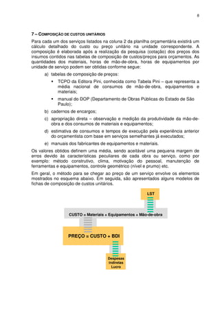 8
7 – COMPOSIÇÃO DE CUSTOS UNITÁRIOS
Para cada um dos serviços listados na coluna 2 da planilha orçamentária existirá um
cálculo detalhado do custo ou preço unitário na unidade correspondente. A
composição é elaborada após a realização da pesquisa (cotação) dos preços dos
insumos contidos nas tabelas de composição de custos/preços para orçamentos. As
quantidades dos materiais, horas de mão-de-obra, horas de equipamentos por
unidade de serviço podem ser obtidas conforme segue:
a) tabelas de composição de preços:
TCPO da Editora Pini, conhecida como Tabela Pini – que representa a
média nacional de consumos de mão-de-obra, equipamentos e
materiais;
manual do DOP (Departamento de Obras Públicas do Estado de São
Paulo);
b) cadernos de encargos;
c) apropriação direta – observação e medição da produtividade da mão-de-
obra e dos consumos de materiais e equipamentos;
d) estimativa de consumos e tempos de execução pela experiência anterior
do orçamentista com base em serviços semelhantes já executados;
e) manuais dos fabricantes de equipamentos e materiais.
Os valores obtidos definem uma média, sendo aceitável uma pequena margem de
erros devido às características peculiares de cada obra ou serviço, como por
exemplo: método construtivo, clima, motivação do pessoal, manutenção de
ferramentas e equipamentos, controle geométrico (nível e prumo) etc.
Em geral, o método para se chegar ao preço de um serviço envolve os elementos
mostrados no esquema abaixo. Em seguida, são apresentados alguns modelos de
fichas de composição de custos unitários.
LST
CUSTO = Materiais + Equipamentos + Mão-de-obra
PREÇO = CUSTO + BDI
Despesas
indiretas
Lucro
 