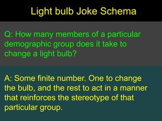 Light bulb Joke SchemaQ: How many members of a particular demographic group does it take to change a light bulb?A: Some finite number. One to change the bulb, and the rest to act in a manner that reinforces the stereotype of that particular group.
