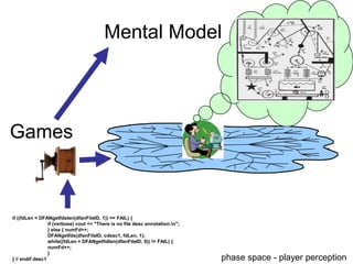 Mental ModelGamesif ((fdLen = DFANgetfdslen(dfanFileID, 1)) == FAIL) { 	if (verbose) cout << "There is no file desc annotation.\n"; 	} else { numFd++; 	DFANgetfds(dfanFileID, cdesc1, fdLen, 1); 	while((fdLen = DFANgetfidlen(dfanFileID, 0)) != FAIL) {	numFd++; 	}} // endif desc1 phase space - player perception