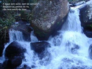 A água sem sono, sem se cansar, Beijando as pedras do rio, não teve medo de falar: 
