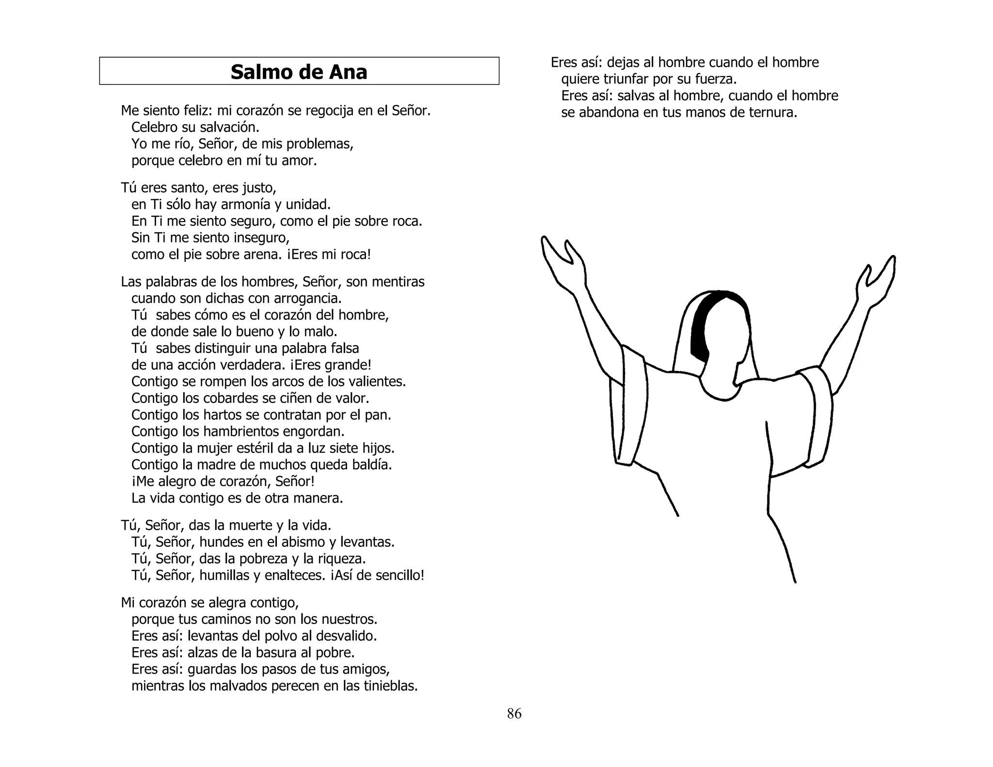 86
Salmo de Ana
Me siento feliz: mi corazón se regocija en el Señor.
Celebro su salvación.
Yo me río, Señor, de mis problemas,
porque celebro en mí tu amor.
Tú eres santo, eres justo,
en Ti sólo hay armonía y unidad.
En Ti me siento seguro, como el pie sobre roca.
Sin Ti me siento inseguro,
como el pie sobre arena. ¡Eres mi roca!
Las palabras de los hombres, Señor, son mentiras
cuando son dichas con arrogancia.
Tú sabes cómo es el corazón del hombre,
de donde sale lo bueno y lo malo.
Tú sabes distinguir una palabra falsa
de una acción verdadera. ¡Eres grande!
Contigo se rompen los arcos de los valientes.
Contigo los cobardes se ciñen de valor.
Contigo los hartos se contratan por el pan.
Contigo los hambrientos engordan.
Contigo la mujer estéril da a luz siete hijos.
Contigo la madre de muchos queda baldía.
¡Me alegro de corazón, Señor!
La vida contigo es de otra manera.
Tú, Señor, das la muerte y la vida.
Tú, Señor, hundes en el abismo y levantas.
Tú, Señor, das la pobreza y la riqueza.
Tú, Señor, humillas y enalteces. ¡Así de sencillo!
Mi corazón se alegra contigo,
porque tus caminos no son los nuestros.
Eres así: levantas del polvo al desvalido.
Eres así: alzas de la basura al pobre.
Eres así: guardas los pasos de tus amigos,
mientras los malvados perecen en las tinieblas.
Eres así: dejas al hombre cuando el hombre
quiere triunfar por su fuerza.
Eres así: salvas al hombre, cuando el hombre
se abandona en tus manos de ternura.
 