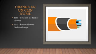 ORANGE EN
UN CLIN
D’OEIL
• 1988 : Création de France
télécom
• 2013 : France télécom
devient Orange
 