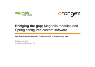 Bridging the gap; Magnolia modules and
Spring configured custom software
Erik Alphenaar @ Magnolia Conference 2012: Community day

Software Architect
erik.alphenaar@orange11.nl
 