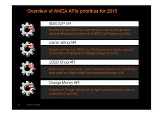 Overview of AMEA APIs priorities for 2015 
10 interne Orange 
SSSSMMMMSSSS AAAA2222PPPP API 
EEEEvvvvoooolllluuuuttttiiiioooonnnn ooooffff BBBBuuuullllkkkk SSSSMMMMSSSS iiiinnnnttttoooo aaaa sssseeeellllffff-sssseeeerrrrvvvviiiicccceeee,,,, mmmmuuuullllttttiiii-ccccoooouuuunnnnttttrrrryyyy pppprrrroooodddduuuucccctttt 
aaaalllllllloooowwwwiiiinnnngggg ddddeeeevvvveeeellllooooppppeeeerrrrssss ttttoooo eeeeaaaassssiiiillllyyyy sssseeeennnndddd SSSSMMMMSSSS ttttoooo aaaallllllll OOOOrrrraaaannnnggggeeee ccccoooouuuunnnnttttrrrriiiieeeessss 
CCCCaaaarrrrrrrriiiieeeerrrr BBBBiiiilllllllliiiinnnngggg AAAAPPPPIIII 
EEEEvvvvoooolllluuuuttttiiiioooonnnn ooooffff PPPPrrrreeeemmmmiiiiuuuummmm SSSSMMMMSSSS iiiinnnnttttoooo aaaa DDDDiiiiggggiiiittttaaaallll ppppaaaayyyymmmmeeeennnntttt ssssoooolllluuuuttttiiiioooonnnn,,,, ddddiiiirrrreeeeccccttttllllyyyy 
ccccoooonnnnnnnneeeecccctttteeeedddd ttttoooo PPPPrrrreeeeppppaaaaiiiidddd aaaannnndddd PPPPoooossssttttppppaaaaiiiidddd OOOOrrrraaaannnnggggeeee aaaaccccccccoooouuuunnnnttttssss 
UUUUSSSSSSSSDDDD SSSShhhhoooopppp AAAAPPPPIIII 
MMMMuuuullllttttiiii-ccccoooouuuunnnnttttrrrryyyy UUUUSSSSSSSSDDDD sssshhhhoooopppp ,,,, ooooppppeeeennnn ttttoooo ppppaaaarrrrttttnnnneeeerrrr sssseeeerrrrvvvviiiicccceeeessss oooonnnn aaaa ddddeeeeddddiiiiccccaaaatttteeeedddd 
sssshhhhoooorrrrtttt ccccooooddddeeee iiiinnnn aaaa KKKKiiiioooosssskkkk mmmmooooddddeeeellll,,,, aaaannnndddd aaaacccccccceeeessssssssiiiibbbblllleeee tttthhhhrrrroooouuuugggghhhh AAAAPPPPIIIIssss 
OOOOrrrraaaannnnggggeeee MMMMoooonnnneeeeyyyy AAAAPPPPIIII 
EEEEvvvvoooolllluuuuttttiiiioooonnnn ooooffff OOOOrrrraaaannnnggggeeee MMMMoooonnnneeeeyyyy iiiinnnnttttoooo aaaa DDDDiiiiggggiiiittttaaaallll ppppaaaayyyymmmmeeeennnntttt ssssoooolllluuuuttttiiiioooonnnn ooooppppeeeennnn ttttoooo 
aaaa sssseeeelllleeeeccccttttiiiioooonnnn ooooffff ppppaaaarrrrttttnnnneeeerrrrssss 
N Bry API toolbox Orange Group restricted - Confidential 10 
 