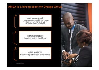 AMEA is a strong asset for Orange Group 
44 interne Orange 
rrrreeeesssseeeerrrrvvvvooooiiiirrrr ooooffff ggggrrrroooowwwwtttthhhh 
unique subscribers will grow 
43% by 2017 (GSMA) 
1- 
ccccrrrriiiissssiiiissss rrrreeeessssiiiilllliiiieeeennnncccceeee 
balanced portfolio of subsidiaries 
3 - 
hhhhiiiigggghhhheeeerrrr pppprrrrooooffffiiiittttaaaabbbbiiiilllliiiittttyyyy 
than the rest of the Group 
2 - 
 