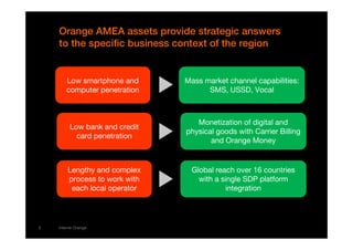 Orange AMEA assets provide strategic answers 
to the specific business context of the region 
55 interne Orange 
Mass market channel capabilities: 
SMS, USSD, Vocal 
Monetization of digital and 
physical goods with Carrier Billing 
and Orange Money 
Global reach over 16 countries 
with a single SDP platform 
integration 
Low smartphone and 
computer penetration 
Low bank and credit 
card penetration 
Lengthy and complex 
process to work with 
each local operator 
 