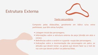 Estrutura Externa
Listagem inicial das personagens;
Informações sobre a estrutura externa da peça (divisão em atos e
cenas);
Referências sobre o cenário e o guarda -roupa das personagens;
Indicações sobre a movimentação das personagens em palco, as
atitudes que devem tomar, os gestos que devem fazer ou o tom de
voz com que devem proferir as palavras/falas.
Texto secundário
Composto pelas didascálias, geralmente em itálico e/ou entre
parênteses, que têm várias funções:
 