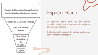 Espaço Físico
Os espaços desta obra são em número
reduzido, sendo que a mudança ato implica a
alteração de cenário.
O afunilamento gradual do espaço anda a par
com o crescer da tragédia
 