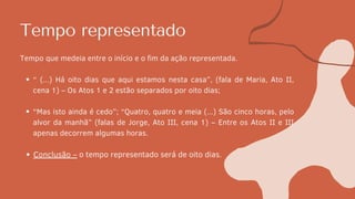 Tempo representado
“ (...) Há oito dias que aqui estamos nesta casa”, (fala de Maria, Ato II,
cena 1) – Os Atos 1 e 2 estão separados por oito dias;
“Mas isto ainda é cedo”; “Quatro, quatro e meia (...) São cinco horas, pelo
alvor da manhã” (falas de Jorge, Ato III, cena 1) – Entre os Atos II e III
apenas decorrem algumas horas.
Conclusão – o tempo representado será de oito dias.
Tempo que medeia entre o início e o fim da ação representada.
 