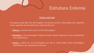 Estrutura Externa
Diálogo – conversa entre duas ou mais personagens;
Monólogo – uma personagem, falando consigo mesma, expressa os seus pensamentos
e/ou sentimentos;
Aparte – réplica de uma personagem que não é ouvida pelas outras personagens,
destinando-se aos espectadores/leitores.
Texto principal
É composto pelas falas das personagens, em discurso direto e antecedidas dos respetivos
nomes, podendo assumir diferentes modos de discurso:
 