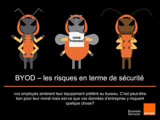 BYOD – les risques en terme de sécurité

vos employés amènent leur équipement préféré au bureau. C’est peut-être
 bon pour leur moral mais est-ce que vos données d’entreprise y risquent
                            quelque chose?
 