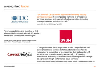 “IDC believes OBS's holistic approach to delivering security 
services is unique: it encompasses elements of professional 
services, solutions and a variety of delivery models, including 
managed services and cloud models.” 
source: IDC, “Orange MEA Strategy,” April 2013 
a recognized leader 
“proven capabilities and expertise in first-class 
unified communications (UC), contact 
center and collaboration technologies” 
source: Ovum, “Global Services: Contracts Tracker Overview”, 
David Molony (Principal Analyst), 17 February 2014 
“Orange Business Services provides a solid range of structured 
cloud professional services to help customers define how to 
rationalise, to consolidate or to modernize their data centers, IT 
infrastructure, operations and governance […] Expanding 
international availability of Business VPN Galerie positions Orange 
as a provider of high-performance cloud services” 
source: Current Analysis Company Assessment of Orange Business Services – Global Enterprise October 2013 
a recognised leader 29 / 
 
