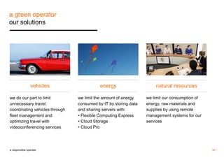 vehicles energy natural resources 
we limit the amount of energy 
consumed by IT by storing data 
and sharing servers with: 
• Flexible Computing Express 
• Cloud Storage 
• Cloud Pro 
we limit our consumption of 
energy, raw materials and 
supplies by using remote 
management systems for our 
services 
we do our part to limit 
unnecessary travel: 
coordinating vehicles through 
fleet management and 
optimizing travel with 
videoconferencing services 
34 / 
a green operator 
our solutions 
a responsible operator 
 