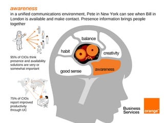 awareness in a unified communications environment, Pete in New York can see when Bill in London is available and make contact. Presence information brings people together 95% of CIOs think  presence and availability  solutions are very or  somewhat important 75% of CIOs  report improved  productivity through UC 