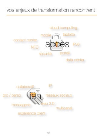 vos enjeux de transformation rencontrent


                               cloud computing
                         mobile        tablette
      contact center
                  NFC        accès              IPv6

                        sécurité     portail
                                         data center




        collaboratif          IP

pro / perso
                lien         réseaux sociaux

     messagerie          web 2.0
                                   multicanal
         expérience client



                             10
 