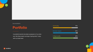 Portfolio
Documentations
A wonderful serenity has taken possession of my entire
soul, like these sweet mornings of spring which I enjoy
with my whole heart.
Community 76%
Bachelor degree 90%
College quality 82%
 