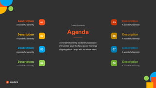 Agenda
Table of contents
A wonderful serenity has taken possession
of my entire soul, like these sweet mornings
of spring which I enjoy with my whole heart.
A wonderful serenity
Description
A wonderful serenity
Description
A wonderful serenity
Description
A wonderful serenity
Description
A wonderful serenity
Description
A wonderful serenity
Description
A wonderful serenity
Description
A wonderful serenity
Description
01
02
03
04
05
06
07
08
 