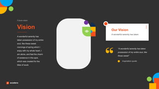 Vision
Future vision
A wonderful serenity has
taken possession of my entire
soul, like these sweet
mornings of spring which I
enjoy with my whole heart. I
am alone, and feel the charm
of existence in this spot,
which was created for the
bliss of souls
Our Vision
A wonderful serenity has taken
“A wonderful serenity has taken
possession of my entire soul, like
these sweet”
Inspiration quote
 