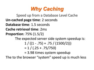 Why Caching
Speed up from a Database Level Cache
Un-cached page time: 2 seconds
Database time: 1.5 seconds
Cache retrieval time: 2ms
Proportion: 75% (1.5/2)
The expected server side system speedup is:
1 / ((1 - .75) + .75 / (1500/2)))
= 1 / (.25 + .75/750)
= 3.98 times system speedup
The to the browser “system” speed up is much less

 