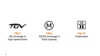 46
100%
4G coverage in
high speed trains
100%
3G/4G coverage in
Paris subway
Top 10
motorways
 