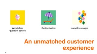 8
World class
quality of service
Customisation Innovative usages
An unmatched customer
experience
 
