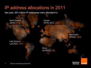 IP address allocations in 2011
last year, 201 million IP addresses were allocated to:


    North America                        Europe
    ARIN 11%                             RIPE NCC 22%




                                                         Asia-Pacific
                                                         APNIC 53%
    Latin America
    LACNIC 10%
                                        Africa
                                        AFRINIC 5%




4    Why the connected age needs IPv6
 