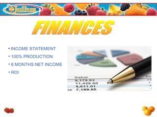 FINANCES INCOME STATEMENT 100% PRODUCTION 8 MONTHS NET INCOME ROI 