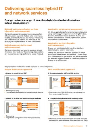 Orange delivers a range of seamless hybrid and network services
in four areas, namely:
Network and communication services
integration and management
Orange integrates and manages network services from
different suppliers to provide the best set of performance,
flexibility, and reliability. We can also manage IP telephony
and collaboration, on-premise and in the cloud, and
providing security services for all these components.
Multiple accesses to the cloud
and management
Orange provides direct and secured access to a range
of selected cloud partners. These managed connections
give you seamless and high-performance access the cloud.
Application performance management
We deliver application performance management solutions
using technology from partners including Riverbed,
Ipanema, Dynatrace, Cisco, Nexthink, Akamai and
others. Services cover visibility, optimization, control
and branch IT consolidation.
Application service integration
and management
Orange can provide applications and manage them
specifically on a case-by-case basis.
Orange has developed a flexible approach to adapt
solutions to your business requirements. Options range
from full integration to overlay MSI, and we can separate
the approach between Orange as a service provider and
Orange as an MSI provider.
We propose four models for a flexible approach to service integration:
With an MSP-centric approach With an MSI-centric approach
Delivering seamless hybrid IT
and network services
11Multisourcing Service Integration
 