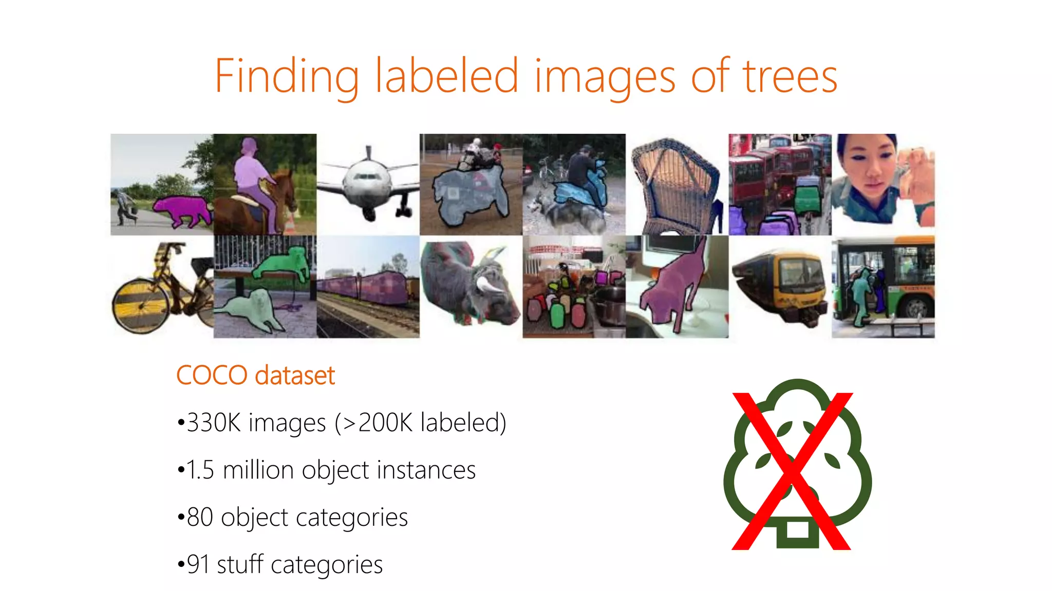 Finding labeled images of trees
COCO dataset
•330K images (>200K labeled)
•1.5 million object instances
•80 object categories
•91 stuff categories
🌳
 