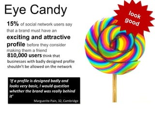 15% of social network users say
that a brand must have an
exciting and attractive
profile before they consider
making them a friend
‘If a profile is designed badly and 
looks very basic, I would question 
whether the brand was really behind 
it’
Marguerite Pain, 32, Cambridge
‘If a profile is designed badly and 
looks very basic, I would question 
whether the brand was really behind 
it’
Marguerite Pain, 32, Cambridge
look
good
look
good
Eye Candy
810,000 users think that 
businesses with badly designed profile 
shouldn’t be allowed on the network
 