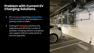 ● EV charging is becoming required for
new construction and renovation in a
growing number of states.
● Existing EV charging solutions are
expensive and limit the number of
possible charging stations a property
can support without costly panel or
service upgrades.
Problem with Current EV
Charging Solutions.
 