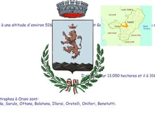 ORANI,   un petit village dans la province de Nuoro, est  situé à une altitude d'environ 526 mètres au pied du mont Gonare,au coeur de la Barbagia de Ollolai.  Il s'étend sur 13.050 hectares et il à 3163 habitants.   Les villages limitrophes à Orani sont: Nuoro, Mamoiada, Sarule, Ottana, Bolotana, Illorai, Orotelli, Oniferi, Benetutti.  