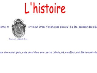Celle de notre village est une histoire  très ancienne, mais une histoire écrite sur Orani n’existe pas bien qu' il a été, pendant des siècles, à partir du début du XVIe  siècle, le centre du marquisat.  Blason de le marquis de Orani   L'histoire Le fait qu'il soit un village très ancien ne se manifeste pas seulement dans son aire municipale, mais aussi dans son centre urbain, où, en effet, ont été trouvés des pièces de monnaie romaines dans différents quartiers du centre du village.  