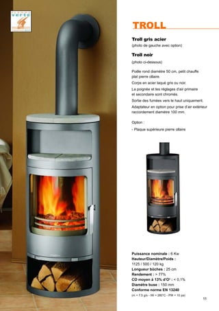 11
Puissance nominale : 6 Kw
Hauteur/Diamètre/Poids :
1125 / 500 / 120 kg
Longueur bûches : 25 cm
Rendement : > 77%
CO moyen à 13% d’O2
: < 0,1%
Diamètre buse : 150 mm
Conforme norme EN 13240
(m = 7,5 g/s - tW = 280°C - PW = 10 pa)
TROLL
Troll gris acier
(photo de gauche avec option)
Troll noir
(photo ci-dessous)
Poêle rond diamètre 50 cm, petit chauffe
plat pierre ollaire.
Corps en acier laqué gris ou noir.
La poignée et les réglages d’air primaire
et secondaire sont chromés.
Sortie des fumées vers le haut uniquement.
Adaptateur en option pour prise d’air extérieur
raccordement diamètre 100 mm.
Option :
- Plaque supérieure pierre ollaire
 